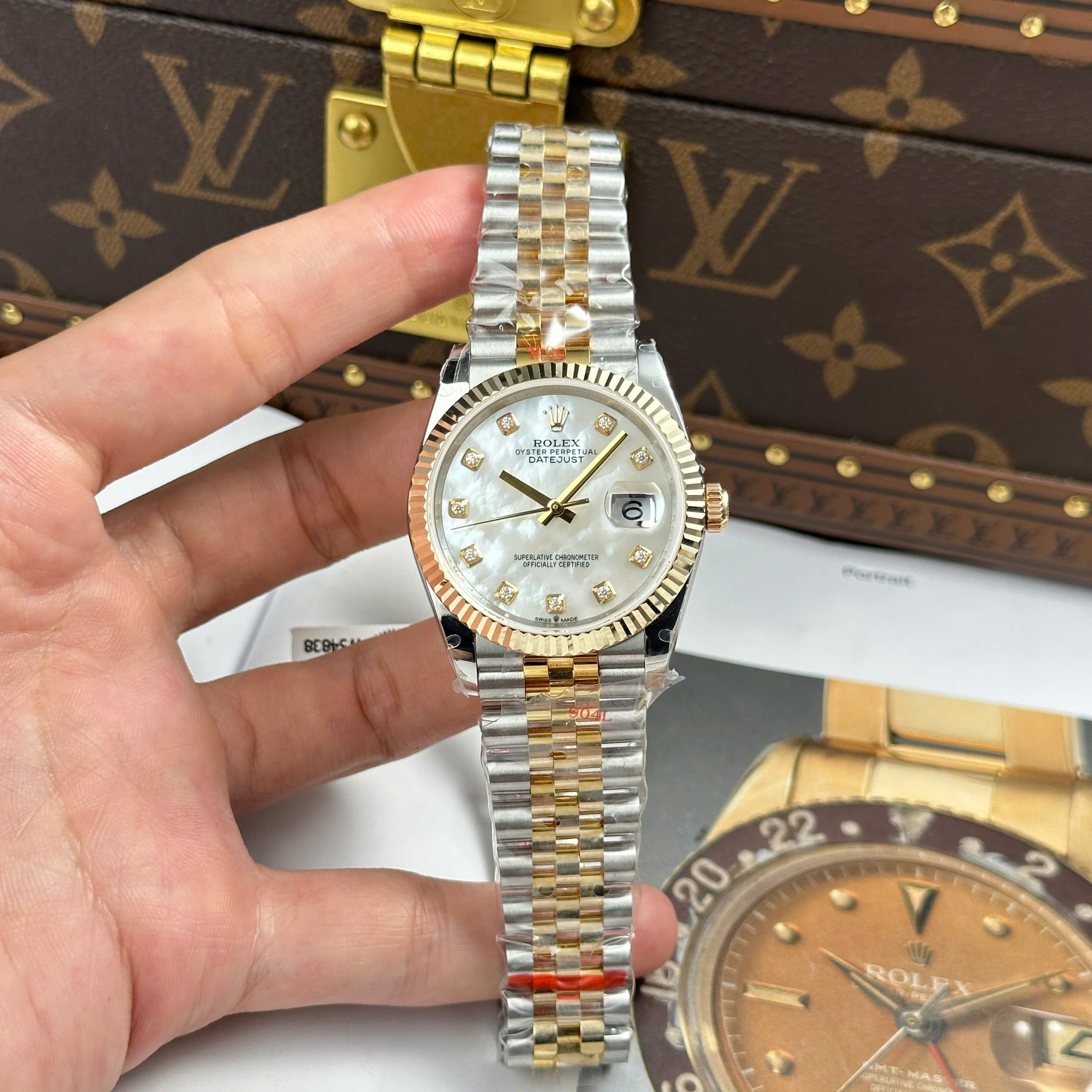 Đồng Hồ Rolex Datejust 36mm Bọc Vàng Độ Mặt Số Mop Cọc Số Moissanite Rep 1:1