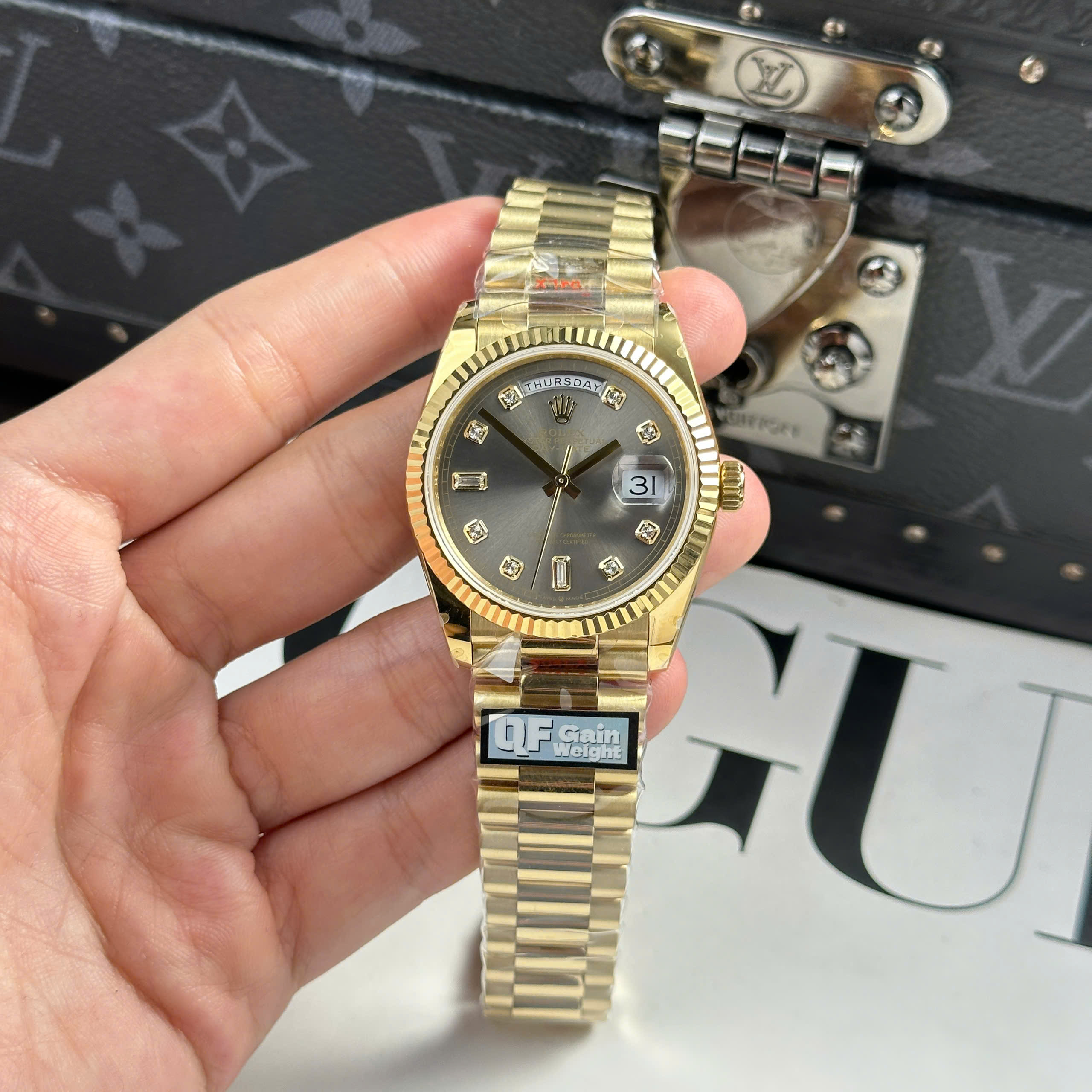 Đồng Hồ Rolex Day-Date 36mm 128238 Mặt Xám Vỏ Vonfram 160g Replica 1:1 QF Factory